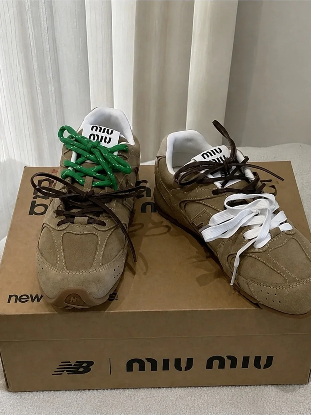 Miu Miu Taupe Suede Men’s Sneakers with Green Accent Laces